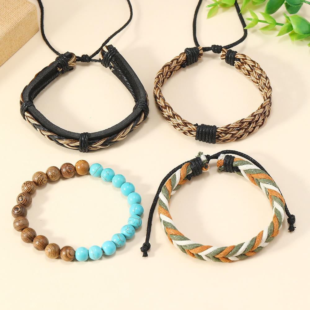 Olivenorma 4Pcs Wenge Wood Green Turquoise Braided Leather Bracelet - image 2
