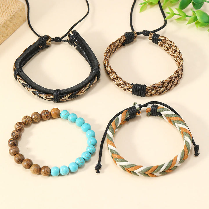 Olivenorma 4Pcs Wenge Wood Green Turquoise Braided Leather Bracelet - image 2