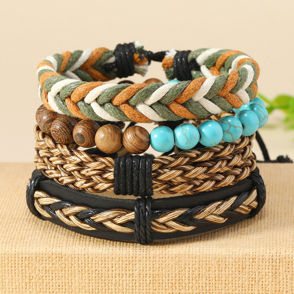 Olivenorma 4Pcs Wenge Wood Green Turquoise Braided Leather Bracelet - Turquoise - image 0