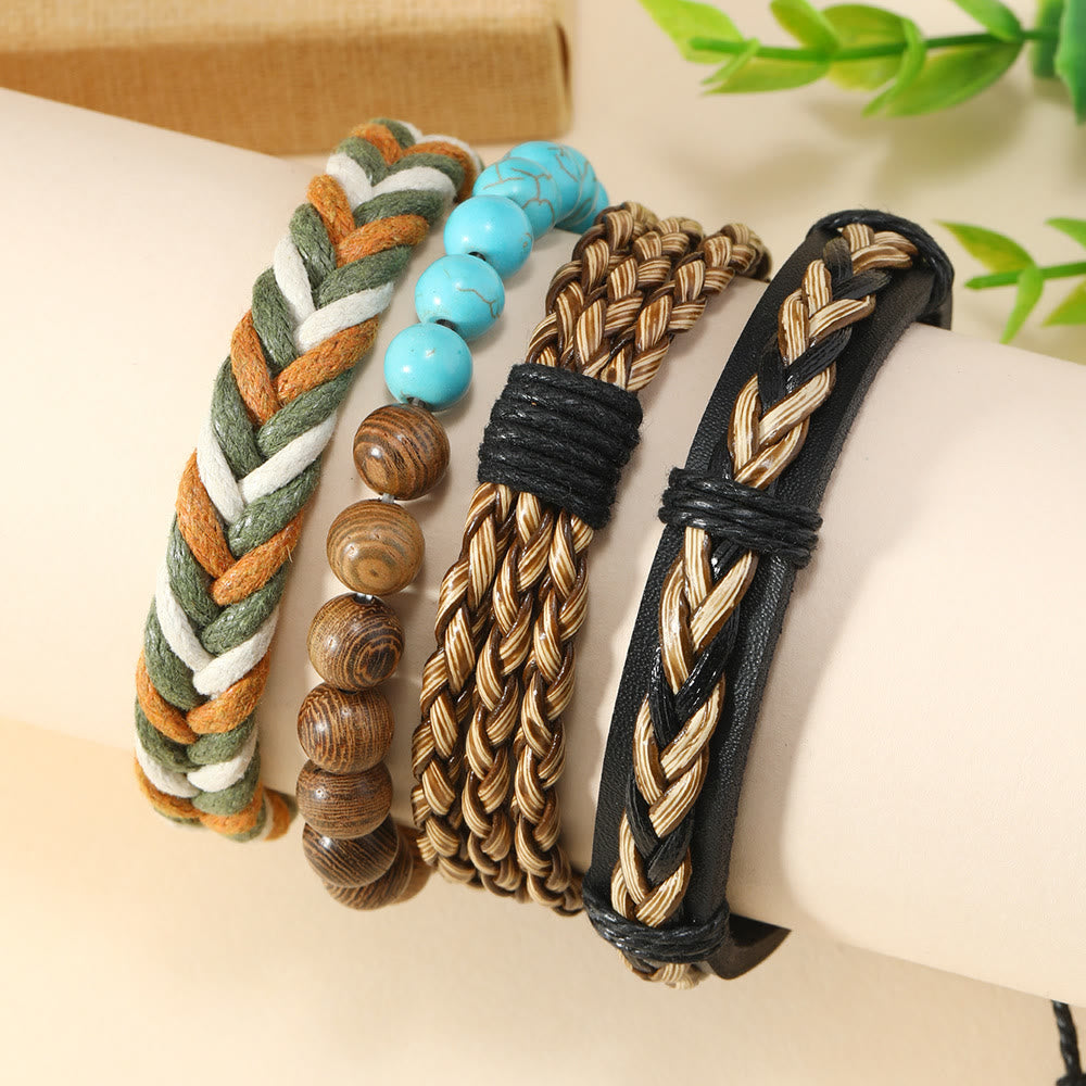 Olivenorma 4Pcs Wenge Wood Green Turquoise Braided Leather Bracelet - image 1