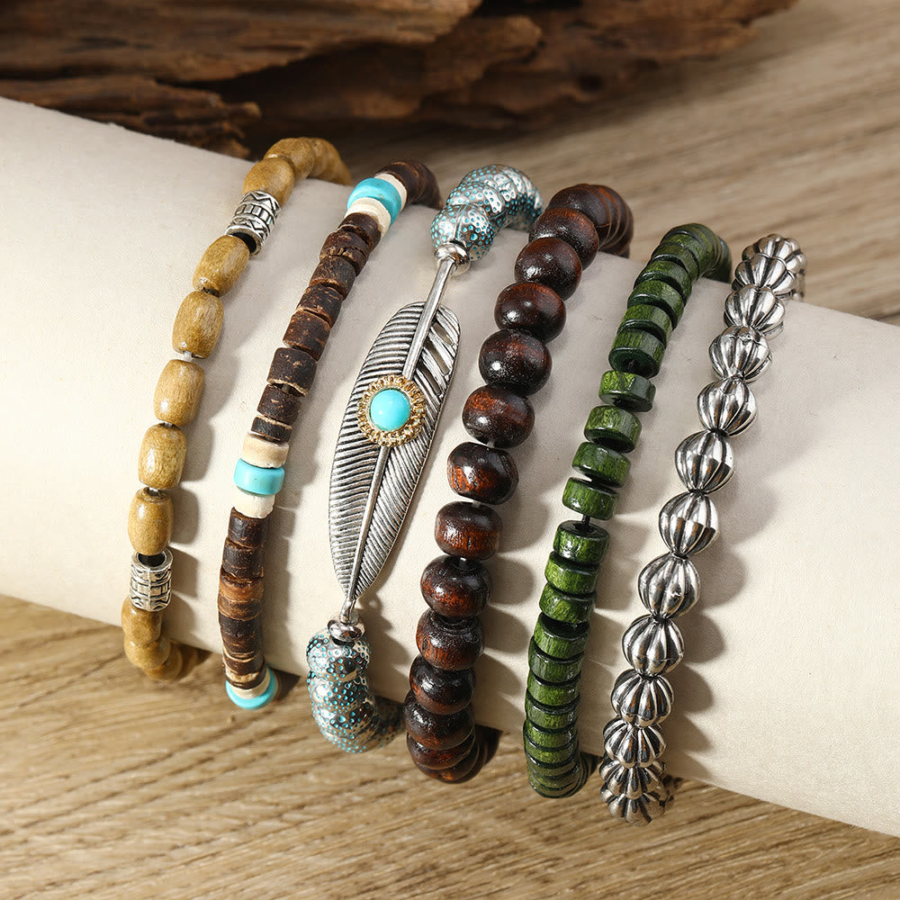 Olivenorma Feather Wooden Beads Turquoise Beaded Bracelet Set - image 1