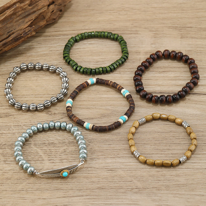 Olivenorma Feather Wooden Beads Turquoise Beaded Bracelet Set - image 2