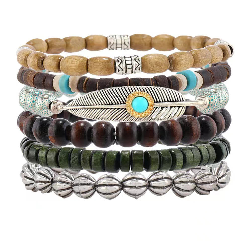 Olivenorma Feather Wooden Beads Turquoise Beaded Bracelet Set - image 4