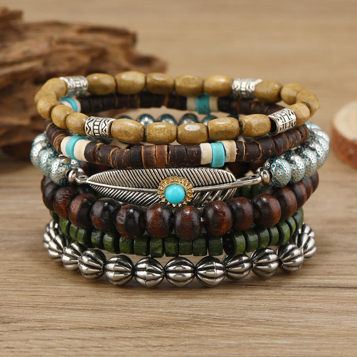 Olivenorma Feather Wooden Beads Turquoise Beaded Bracelet Set - Turquoise - image 0