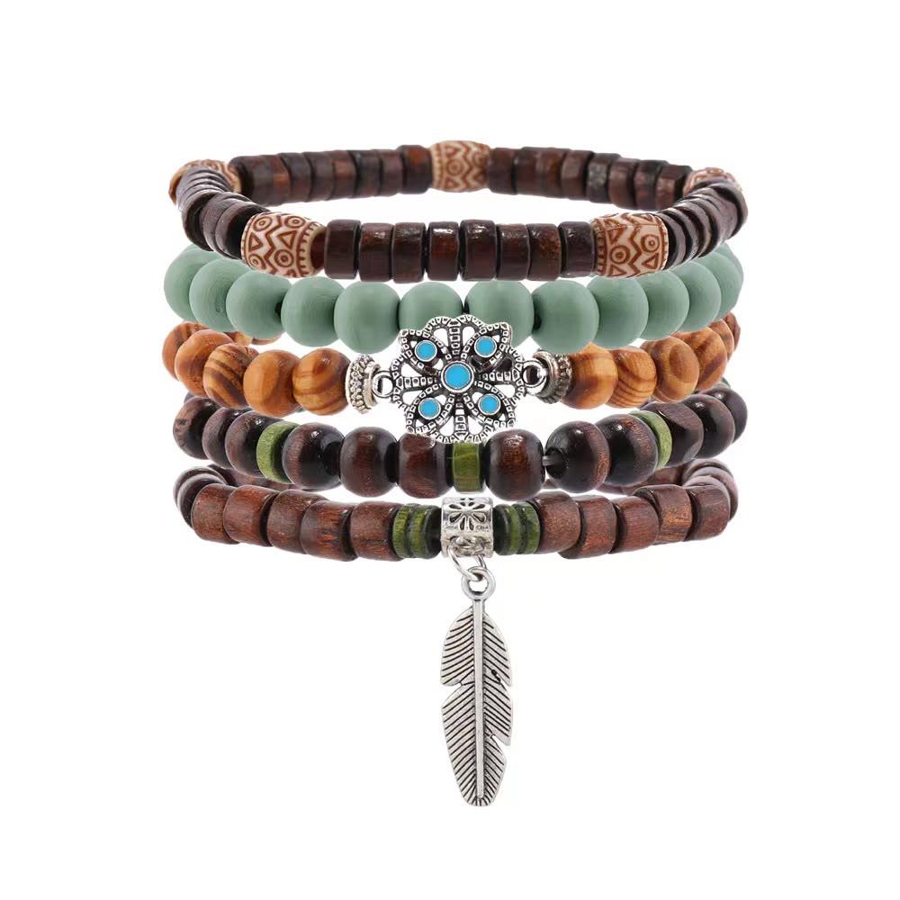 Olivenorma Bohemian Feather Charms Wooden Beads Stackable Bracelets - image 4
