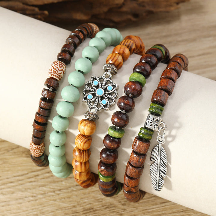 Olivenorma Bohemian Feather Charms Wooden Beads Stackable Bracelets - image 1