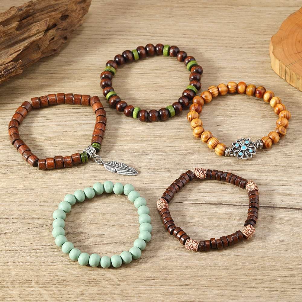Olivenorma Bohemian Feather Charms Wooden Beads Stackable Bracelets - image 2