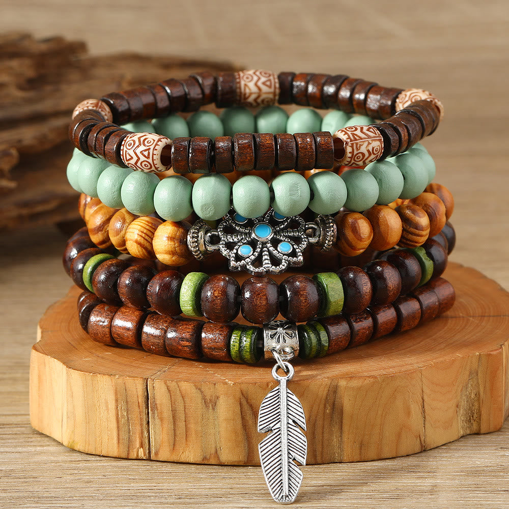 Olivenorma Bohemian Feather Charms Wooden Beads Stackable Bracelets - Beaded Bracelet - image 0