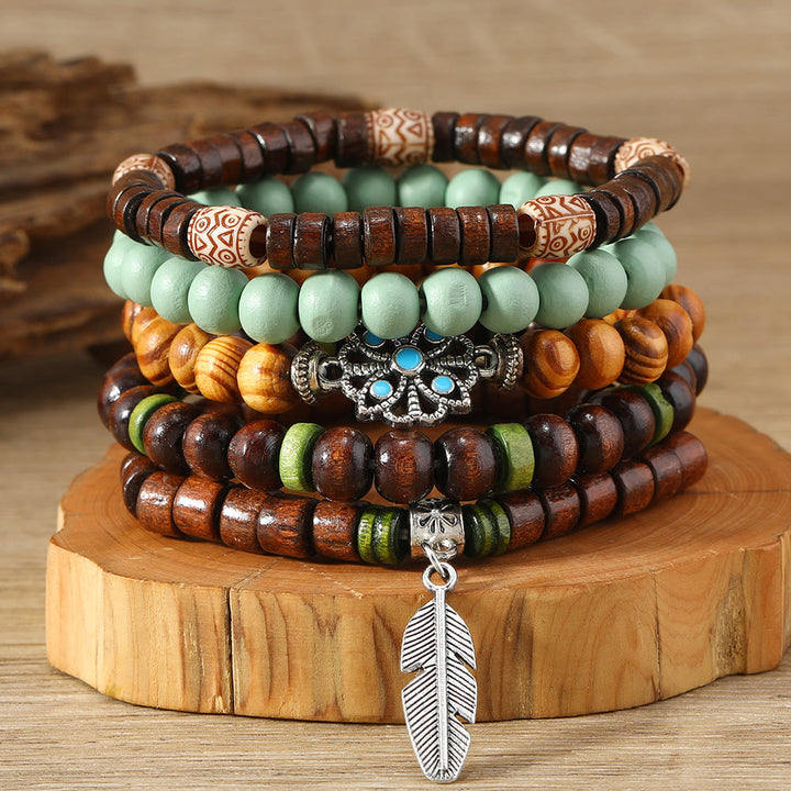 Olivenorma Bohemian Feather Charms Wooden Beads Stackable Bracelets - Beaded Bracelet - image 0