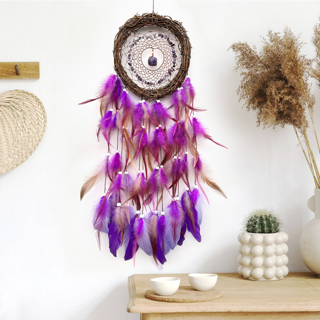 Olivenorma Wall Decoration Natural Rattan Gemstone Dream Catcher - Amethyst - Vine Style - image 0