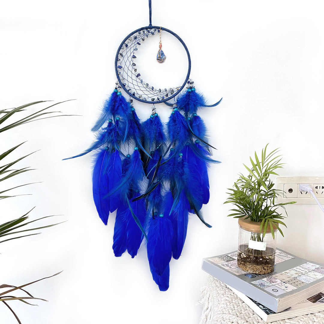 Olivenorma Crescent Raw Gemstone Feather Indian Dream Catcher - Sodalite - image 0