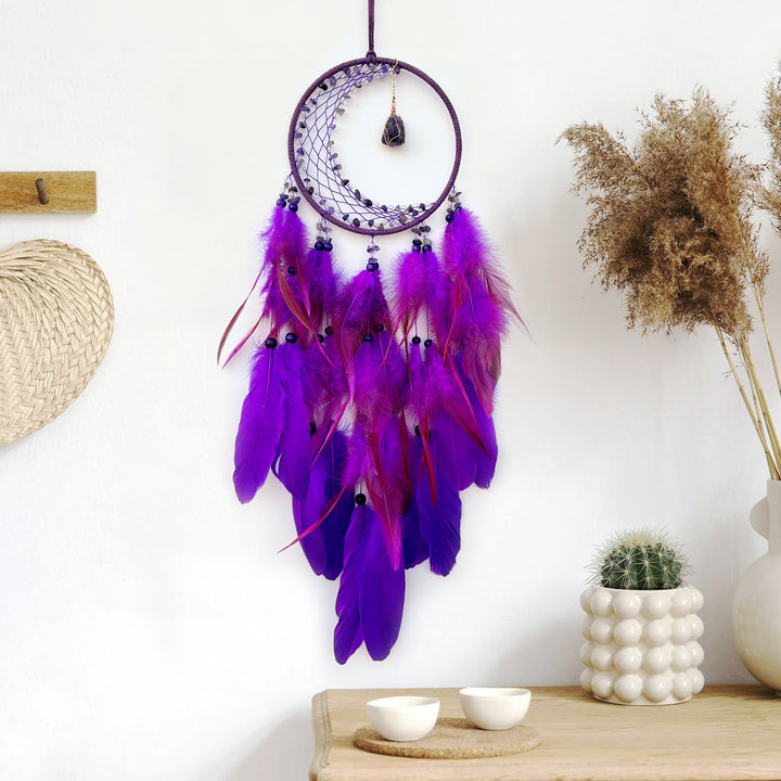Olivenorma Crescent Raw Gemstone Feather Indian Dream Catcher - Amethyst - image 5