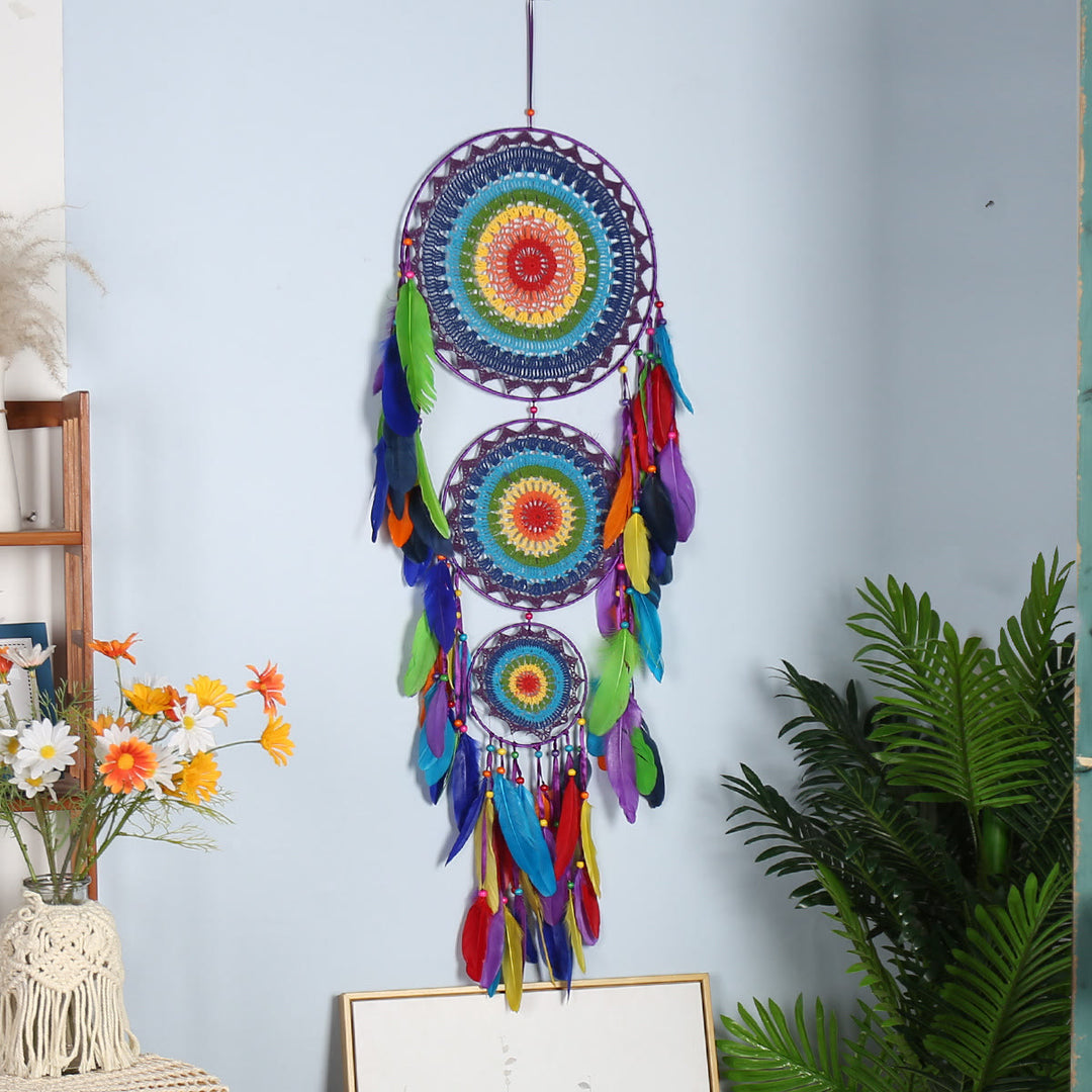 Olivenorma Bohemian Handmade Woven Wall Hanging with Multiple Patterns and Colorful Feathers Dreamcatcher - Style 33 - Triple Catchers - image 33