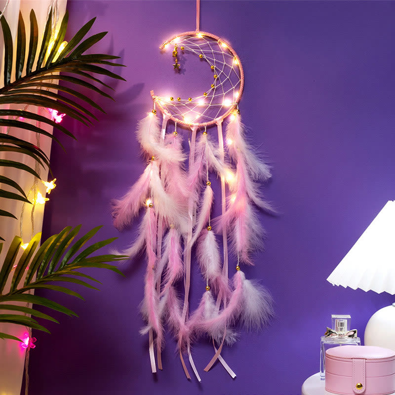 Olivenorma Crescent Moon & Star Lights Dream Catcher - Pink - With Lights - image 3