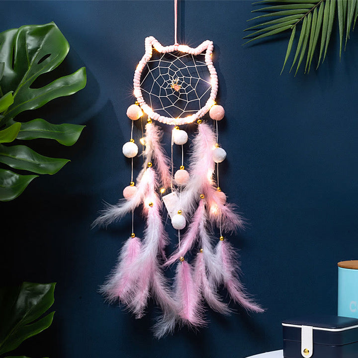 Olivenorma Cute Cats Shaped Wind Chime Dream Catcher - Pink - With Lights - image 0