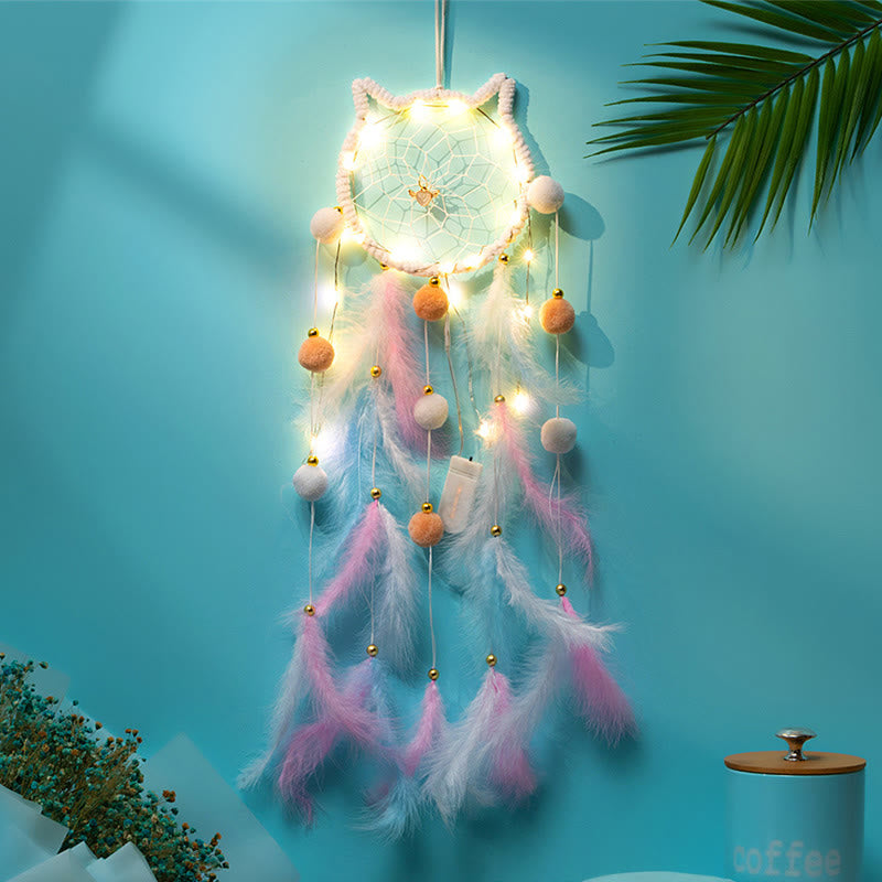 Olivenorma Cute Cats Shaped Wind Chime Dream Catcher - White - With Lights - image 3