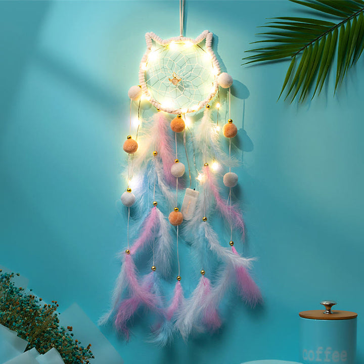 Olivenorma Cute Cats Shaped Wind Chime Dream Catcher - White - With Lights - image 3