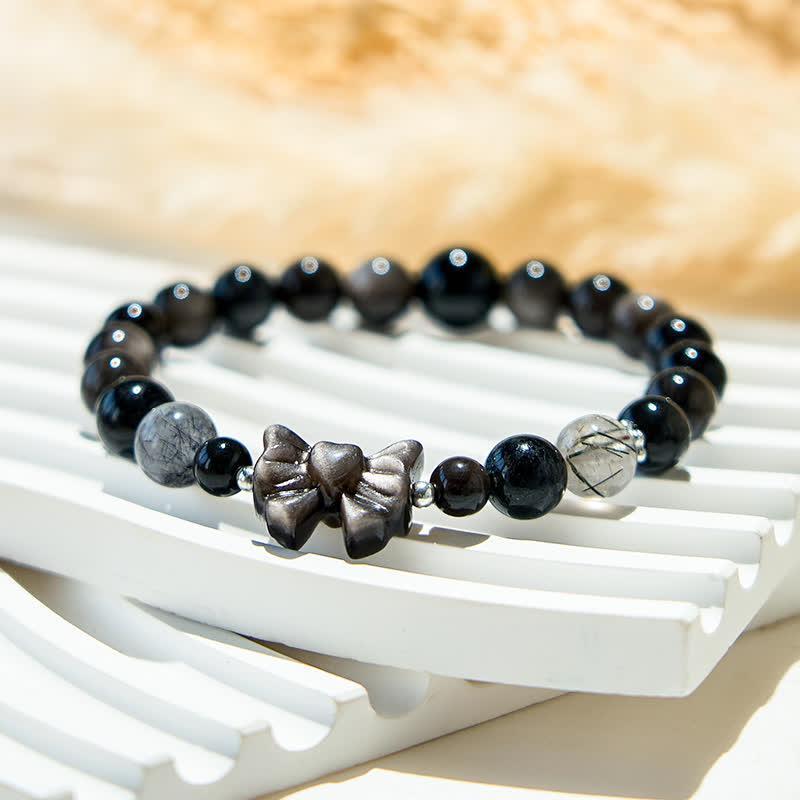 Olivenorma Natural Silver Obsidian Beads Bow Pendant Bracelet - image 3