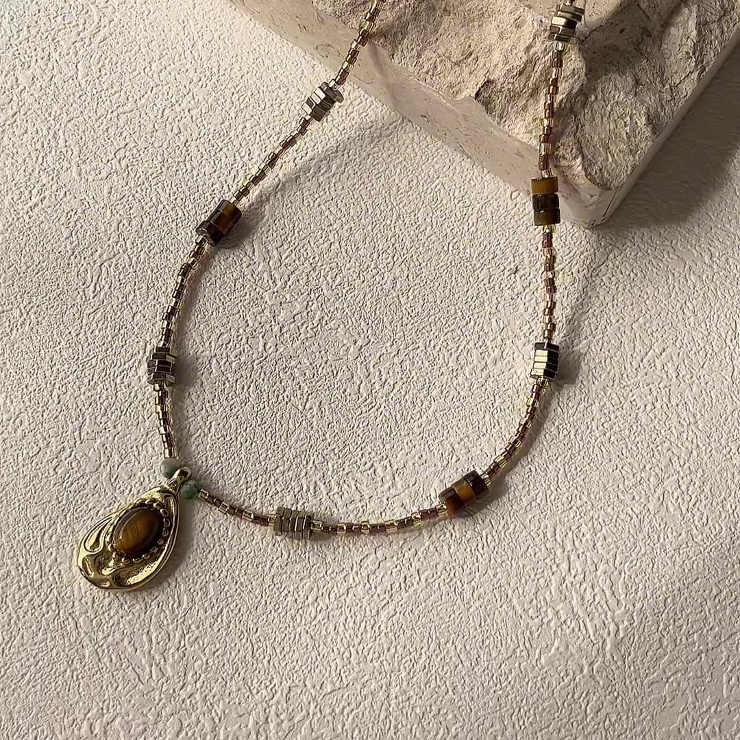 Olivenorma Natural Tiger Eye Stone Charm Beaded Necklace  - Natural Stone - image 1