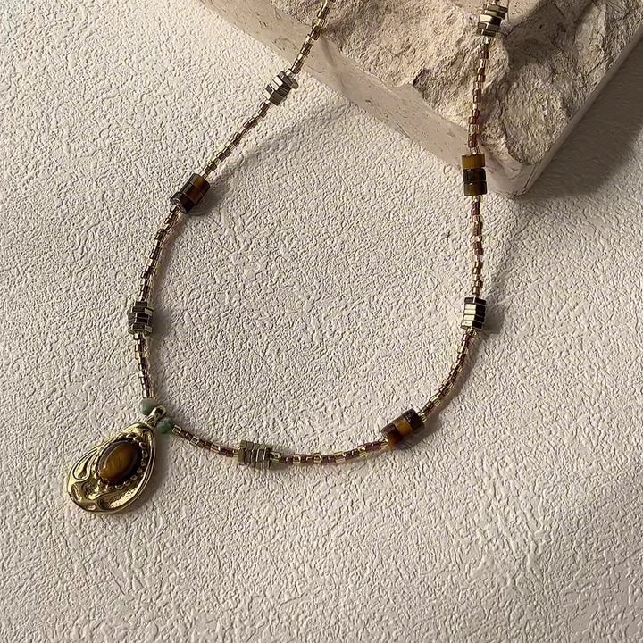 Olivenorma Natural Tiger Eye Stone Charm Beaded Necklace  - Natural Stone - image 1