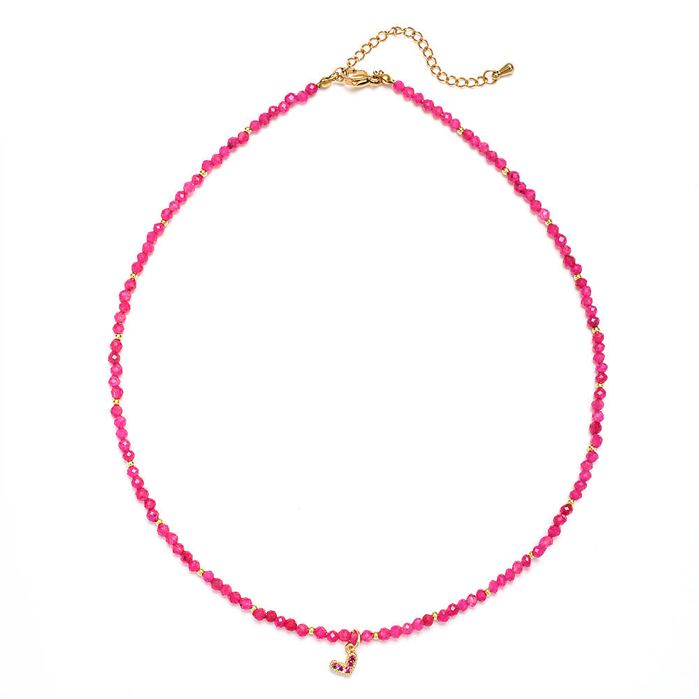 Olivenorma Pink Natural Gemstone Heart Charm Beaded Necklace - Pink Heart Charm - image 1