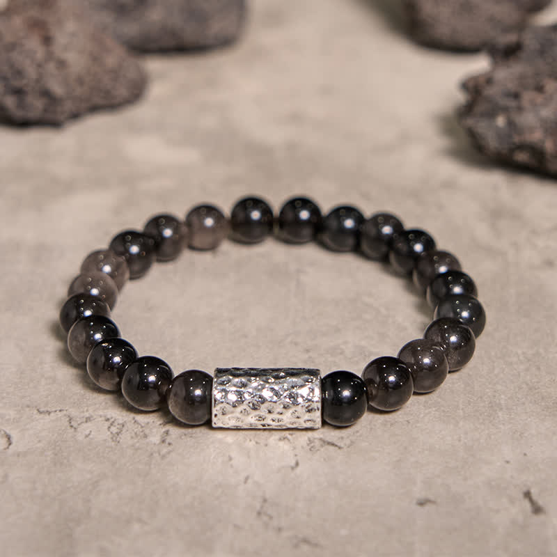 Olivenorma Silver Obsidian Metal Pillar Beaded Bracelet - image 4