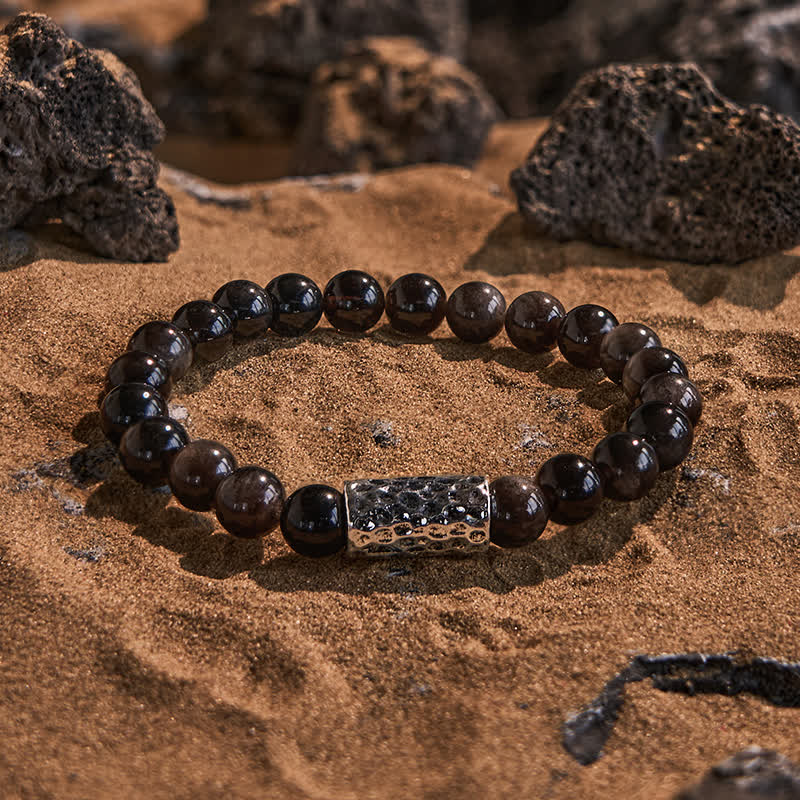 Olivenorma Silver Obsidian Metal Pillar Beaded Bracelet - Men Bracelet - image 0