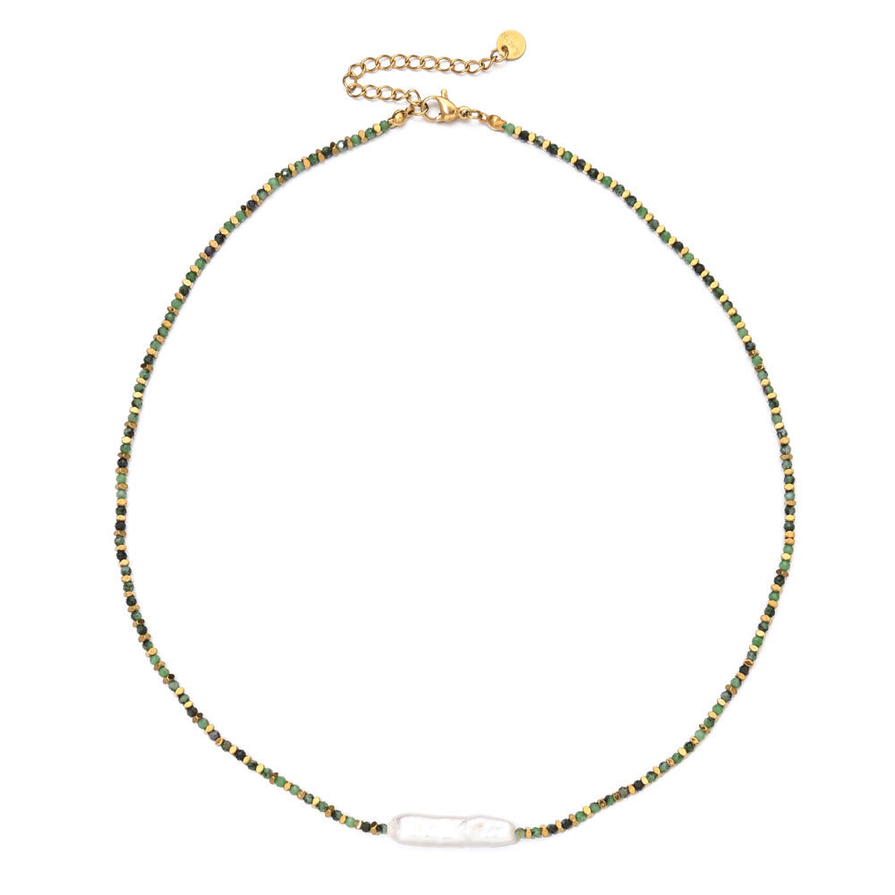 Olivenorma Narce Faceted Gemstone Boho Style Beaded Necklace - Green-Aventurine&Nacre - image 1