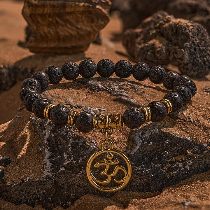 Olivenorma Natural Lava Stone Beaded OM Pendant Bracelet - Lava Stone - image 0