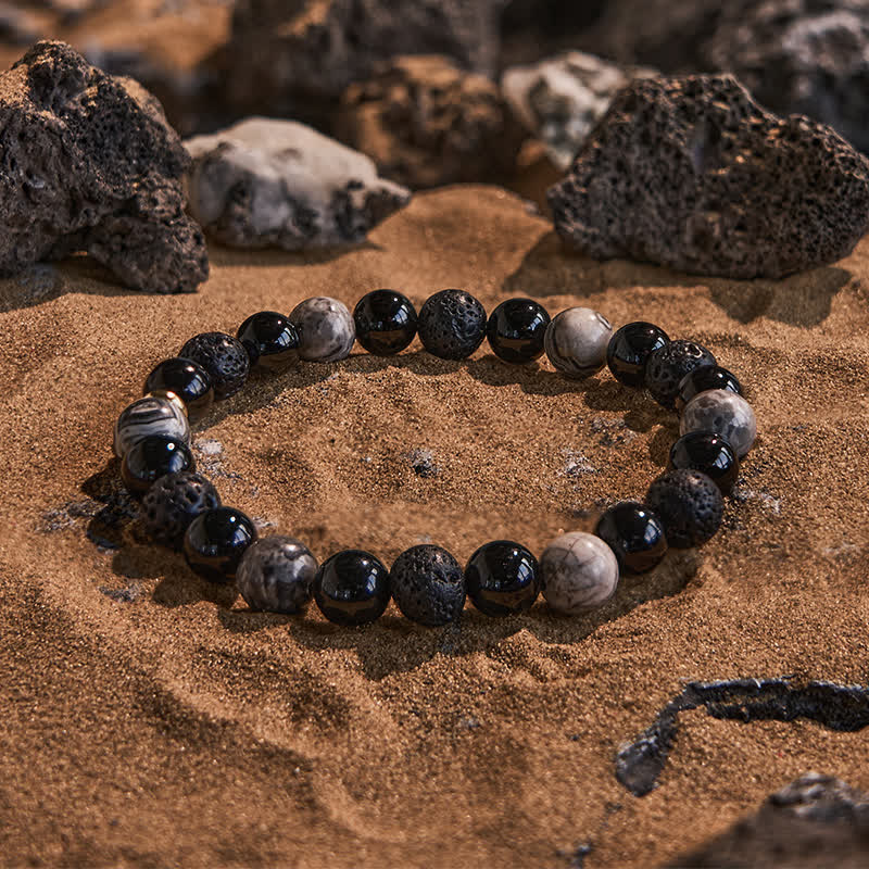Olivenorma Grey Jasper Obsidian Lava Stone Beaded Bracelet - Natural Stone - image 0