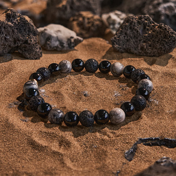 Olivenorma Grey Jasper Obsidian Lava Stone Beaded Bracelet - Natural Stone - image 0
