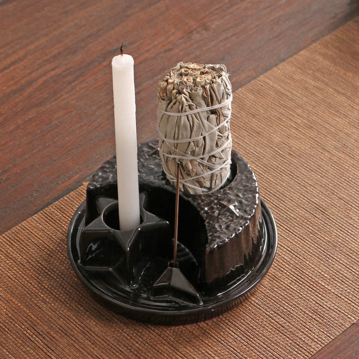 Olivenorma 3-IN-1 Moon and Star Ceramic Sage Incense Holder - Black - image 0