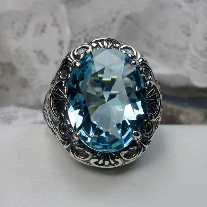 Olivenorma Retro Faceted Aquamarine Carved Gem Ring - image 1