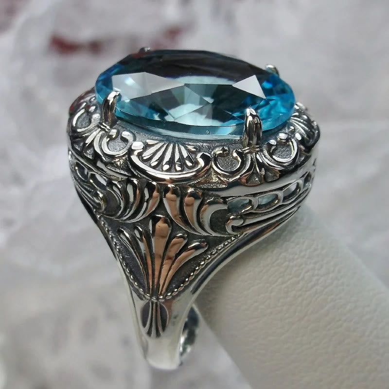 Olivenorma Retro Faceted Aquamarine Carved Gem Ring - image 3