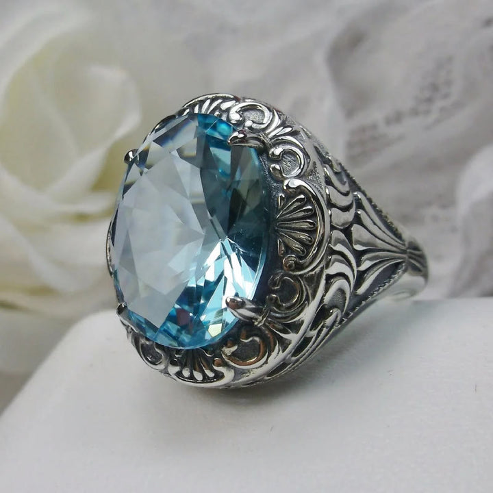 Olivenorma Retro Faceted Aquamarine Carved Gem Ring - image 2