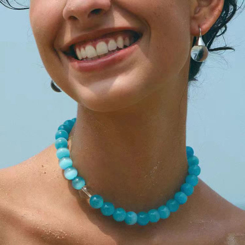Olivenorma Boho Cat's Eye Stone Choker Beaded Necklace - image 3