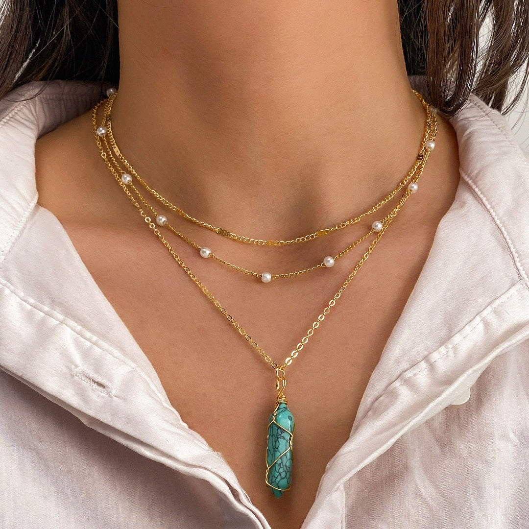 Olivenorma Natural Gemstone Prism Charm Stacked Necklace - Turquoise - image 0