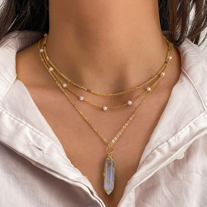 Olivenorma Natural Gemstone Prism Charm Stacked Necklace - Clear Quartz - image 3
