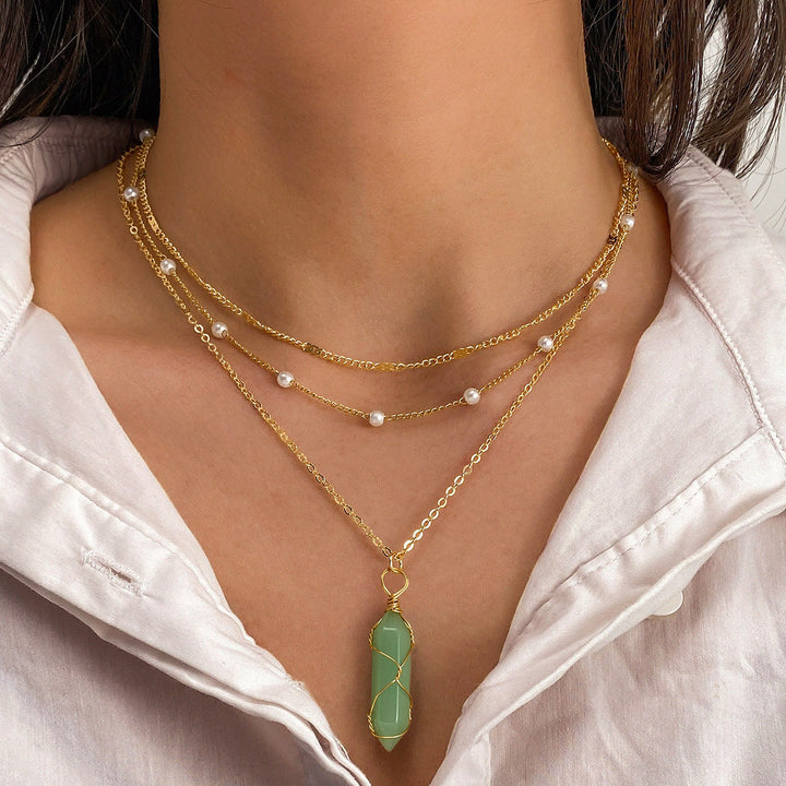 Olivenorma Natural Gemstone Prism Charm Stacked Necklace - Green Aventurine - image 5