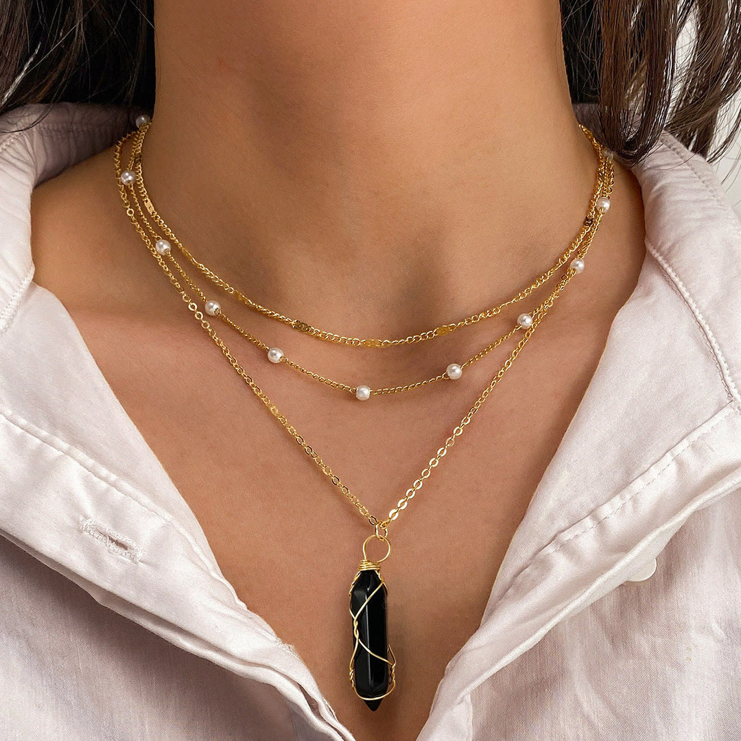 Olivenorma Natural Gemstone Prism Charm Stacked Necklace - Obsidian - image 8