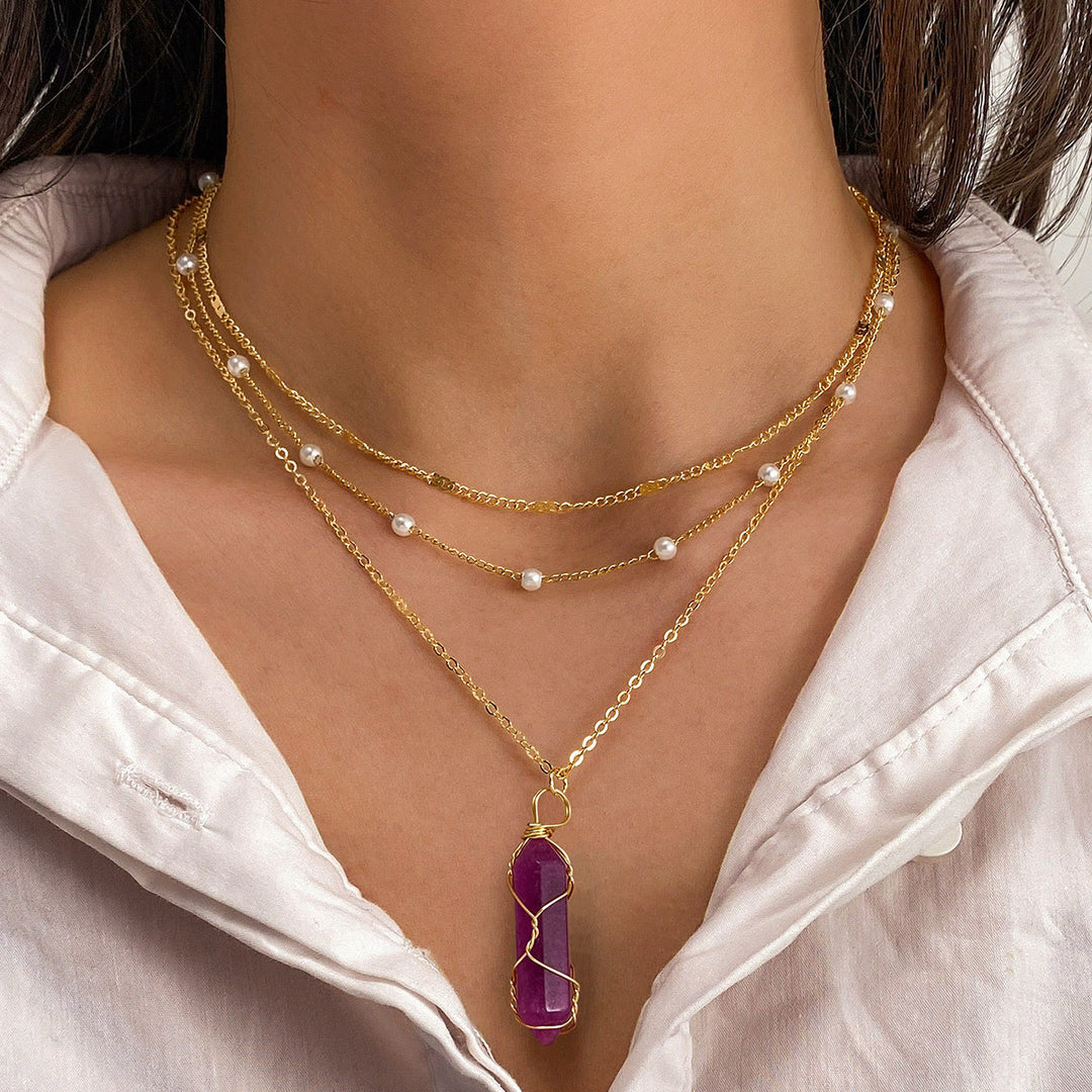 Olivenorma Natural Gemstone Prism Charm Stacked Necklace - Amethyst - image 14