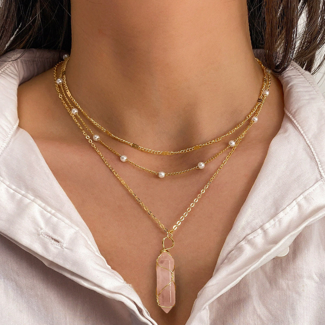 Olivenorma Natural Gemstone Prism Charm Stacked Necklace - Rose Quartz - image 12