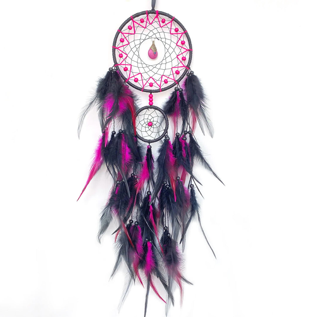 Olivenorma Double Ring Natural Stone Pendant Dream Catcher - Rose Red - image 8