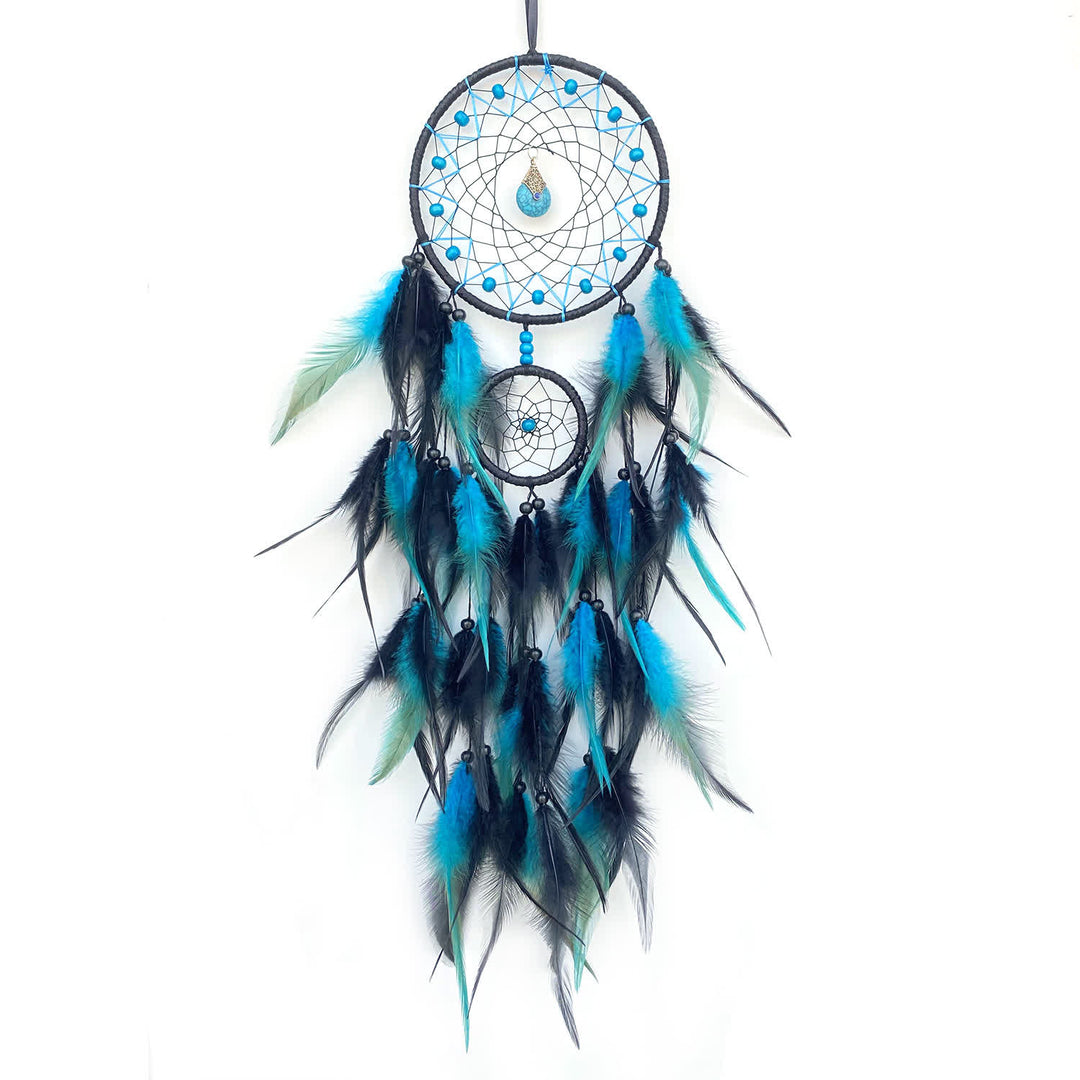 Olivenorma Double Ring Natural Stone Pendant Dream Catcher - Blue - image 2
