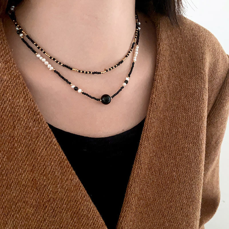 Olivenorma Natural Black Onyx Pearl Stacked Beaded Necklace - image 4