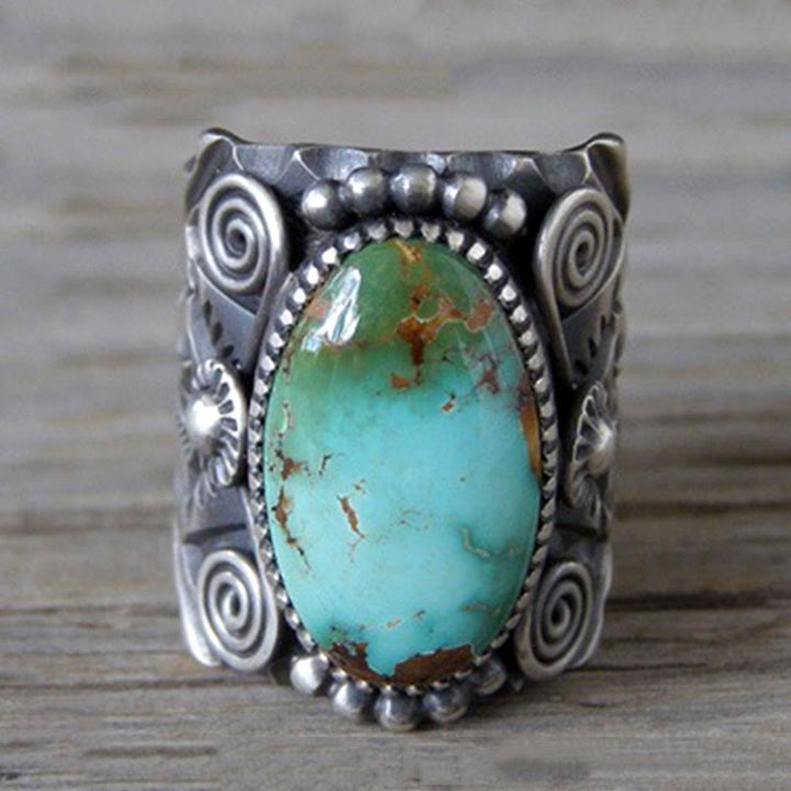 Olivenorma Genuine Oval Turquoise Carved Statement Ring - US 10 - image 0