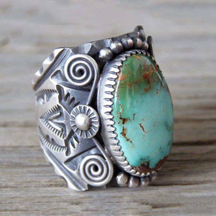 Olivenorma Genuine Oval Turquoise Carved Statement Ring - image 1