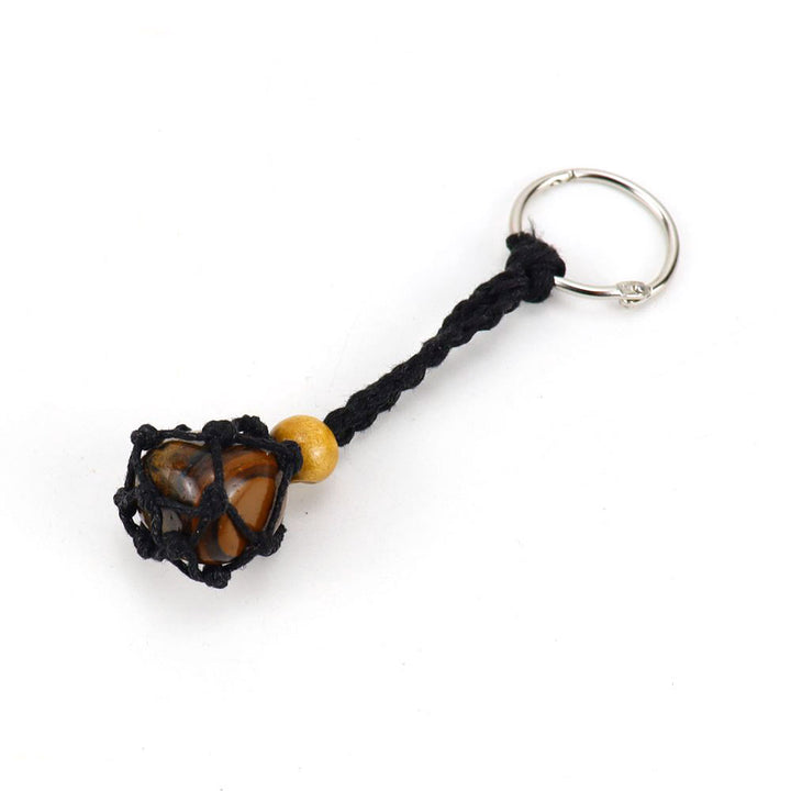 Olivenorma Woven Adjustable Raw Stone Cotton Net Keychain - Tiger Eye - Black Rope - image 7
