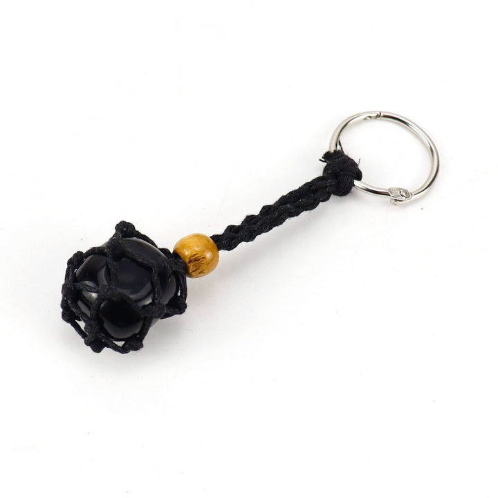 Olivenorma Woven Adjustable Raw Stone Cotton Net Keychain - Obsidian - Black Rope - image 10