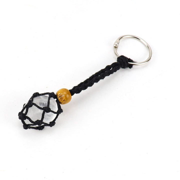 Olivenorma Woven Adjustable Raw Stone Cotton Net Keychain - Clear Quartz - Black Rope - image 1